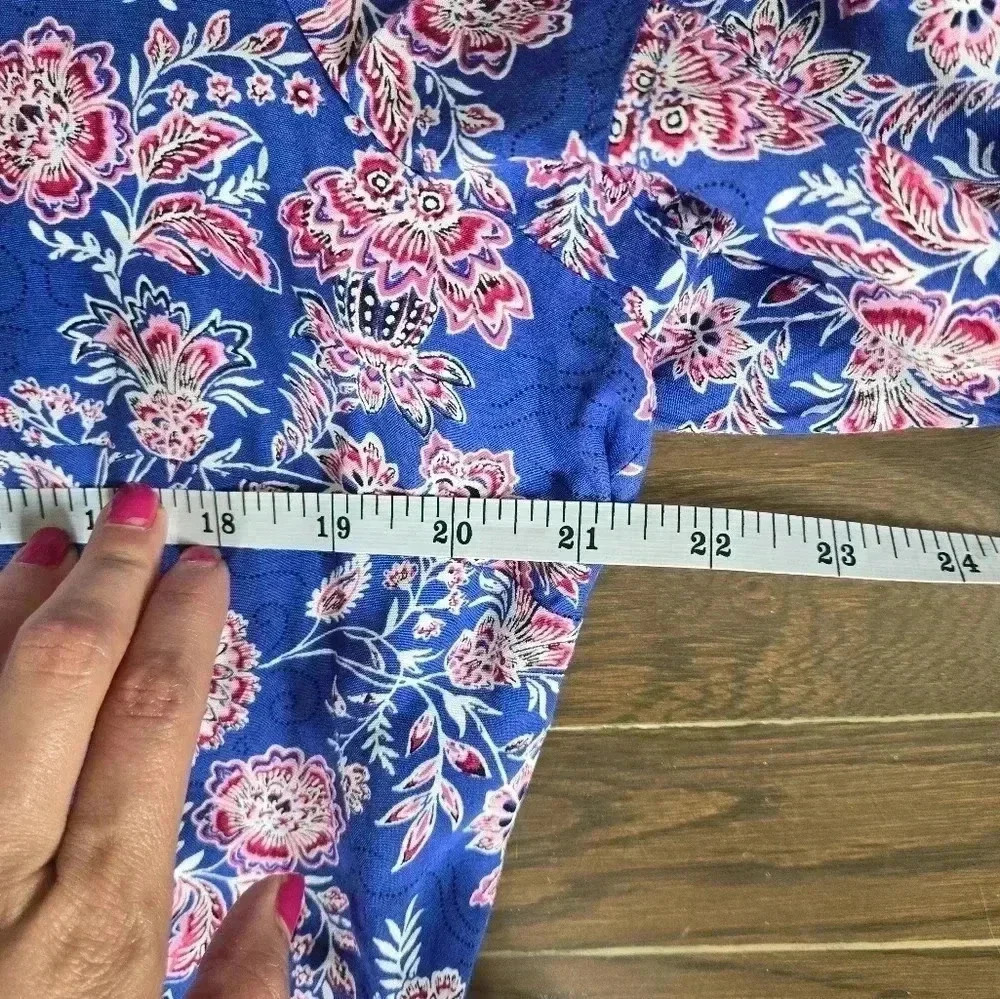 LOFT Floral Print Blue mini dress feminine puff short sleeve  sz 14 - Picture 9 of 10